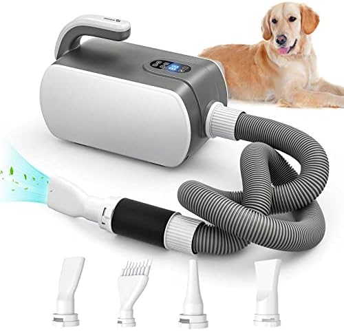 Kidken Pet Dryer, 5.2HP/3800W Dog Dryer Pet Grooming Dryer with LED Display, Adjustable Speed and Temperature Control Dog Blow Dryer, Pet Hair Dryer with 4 Nozzles Kidken