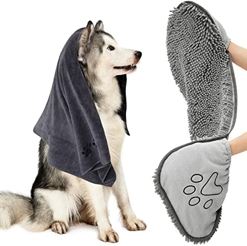 HOMEIDEAS 2 Pack Dog Towels Set, Chenille Shammy Towel and Microfiber Dog Towels for Drying Dogs, Super Absorbent Soft Bath Towel with Hand Pockets for Pets HOMEIDEAS