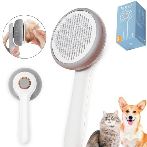 Cat Self-Cleaning Deshedding Brush with Release Button for Long or Short Haired Pets, Grooming Tool for Removing Tangled Hair and Loose Fur, Pet Comb (Mushroom Design) Beaked