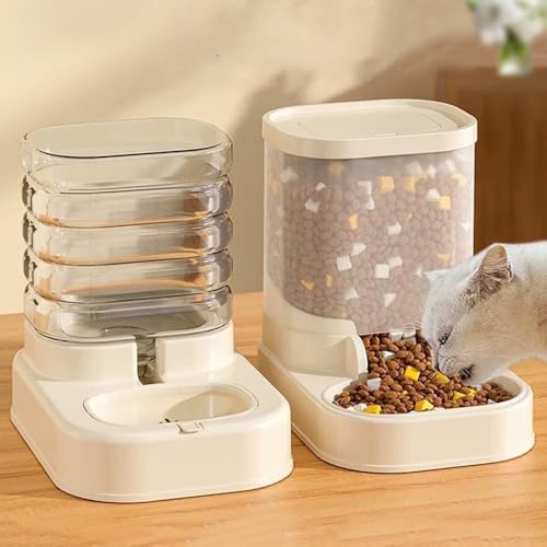 Meikuler Dog Cat Double Bowls Automatic Cat Feeder and Water Dispenser, Pet Food and Water Feeder Bowls with Automatic Water Bottle for Small Large Dog Pets Puppy Kitten Rabbit (Beige) Meikuler