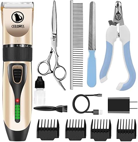 Power Display Dog Clippers Cordless Dog Grooming Kit Professional Horse Clippers Detachable Blade with 4 Comb Guides, Low Noise Pet Clippers Rechargeable Pet Grooming Tools for Dogs Cats Pets Ceenwes