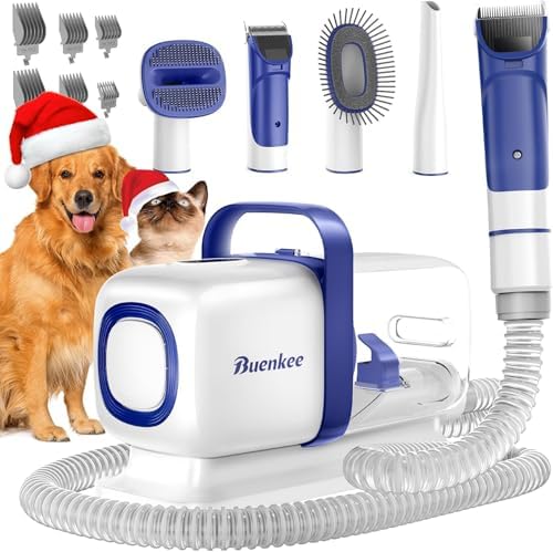 Dog Grooming Kit with Pet Grooming Vacuum, Dog Clipper, Pet Grooming Shedding Brush, Cleaning Tool in 1, Low Noise Dog Vacuum for Dogs Cats (Blue) Buenkee