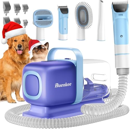 Dog Grooming Kit with Pet Grooming Vacuum, Dog Clipper, Pet Grooming Shedding Brush, Cleaning Tool in 1, Low Noise Dog Vacuum for Dogs Cats (Blue) buenkee