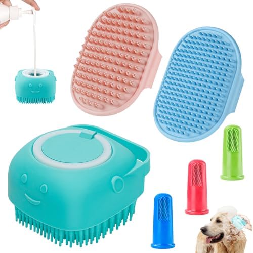 Comotech 3PCS Dog Bath Brush | Dog Shampoo Brush | Dog Scrubber for Bath | Dog Bath Brush Scrubber | Dog Shower/Washing Brush with Adjustable Ring Handle for Short & Long Hair (Blue Pink Blue) Comotech