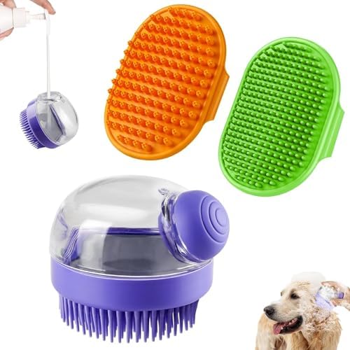 Comotech 3PCS Dog Bath Brush | Dog Shampoo Brush | Dog Scrubber for Bath | Dog Bath Brush Scrubber | Dog Shower/Washing Brush with Adjustable Ring Handle for Short & Long Hair (Blue Pink Blue) Comotech