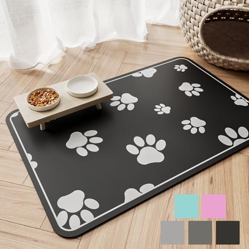 JUCFHY Pet Feeding Mat Absorbent Dog Food Mat No Stains Waterproof Dog Mat for Food and Water, Easy Clean Dog Bowl Mat Puppy Supplies Dog Accessories & Products, Black, 19''×12'' JUCFHY