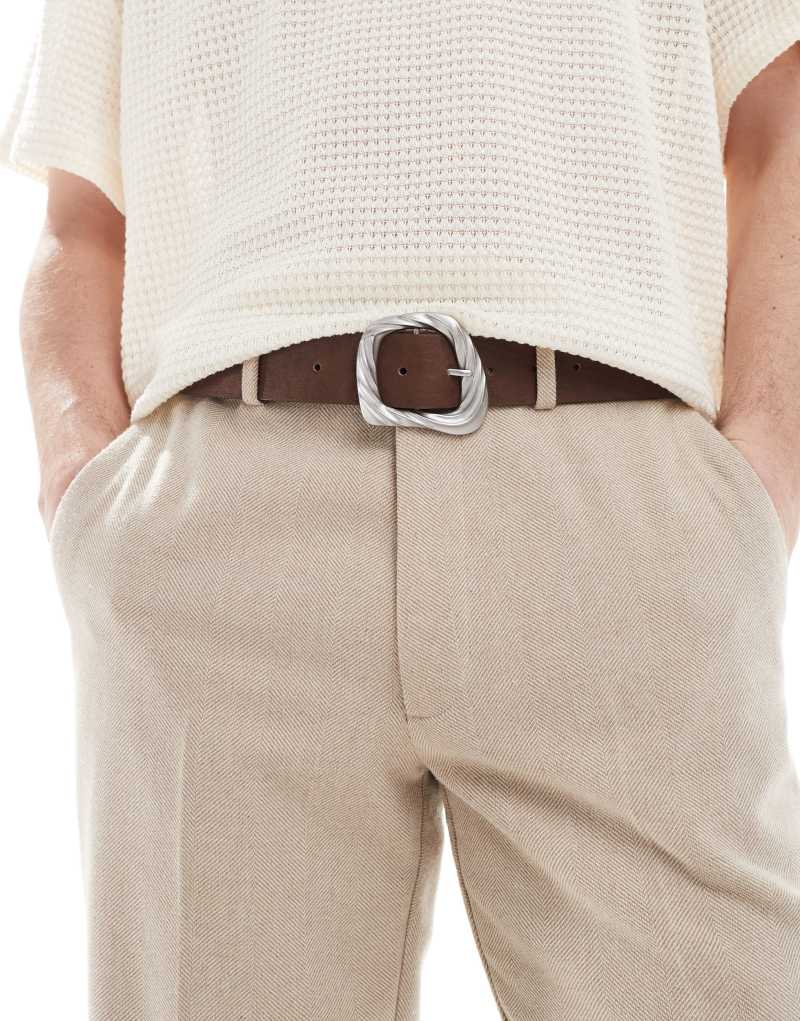 ASOS DESIGN silver twist buckle belt in tan ASOS DESIGN