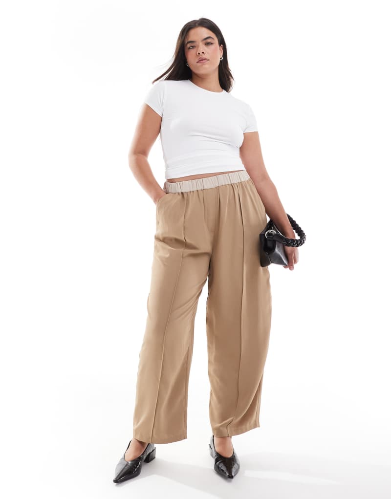 ASOS DESIGN Curve cropped pull on pants with contrast waist in taupe ASOS DESIGN