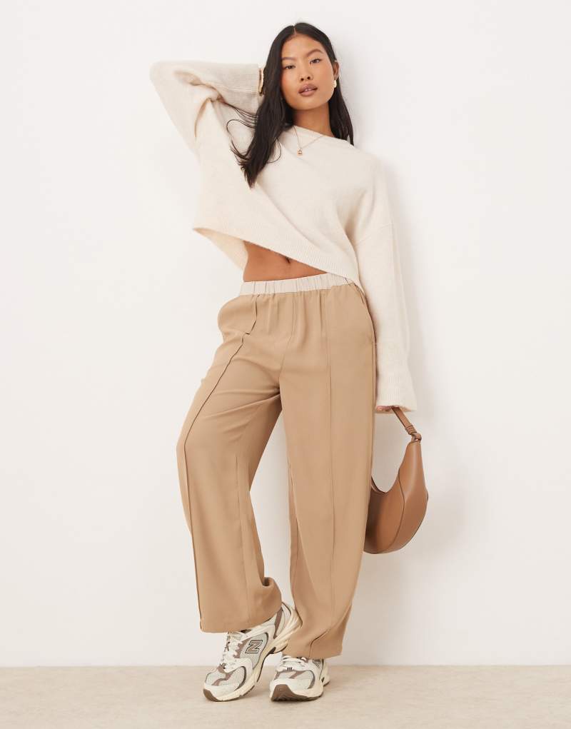 ASOS DESIGN Petite ankle grazer pull on pants with contrast waist in taupe ASOS DESIGN