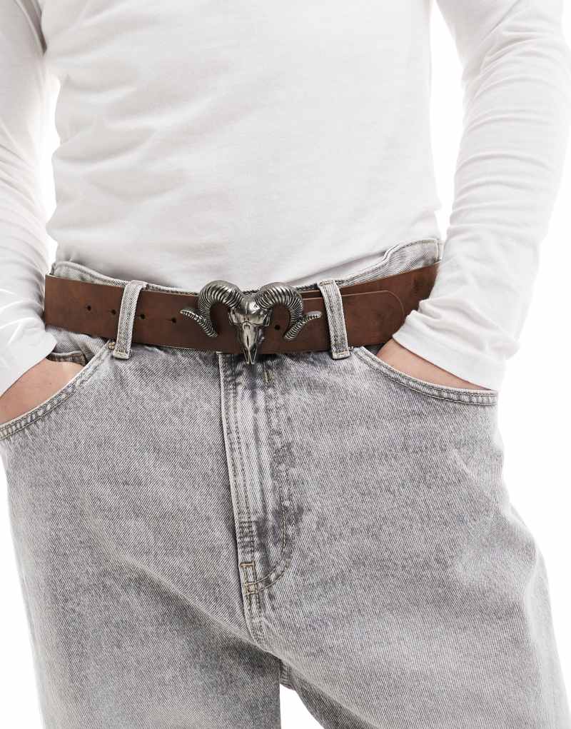 ASOS DESIGN rams head statement buckle belt in dark brown ASOS DESIGN