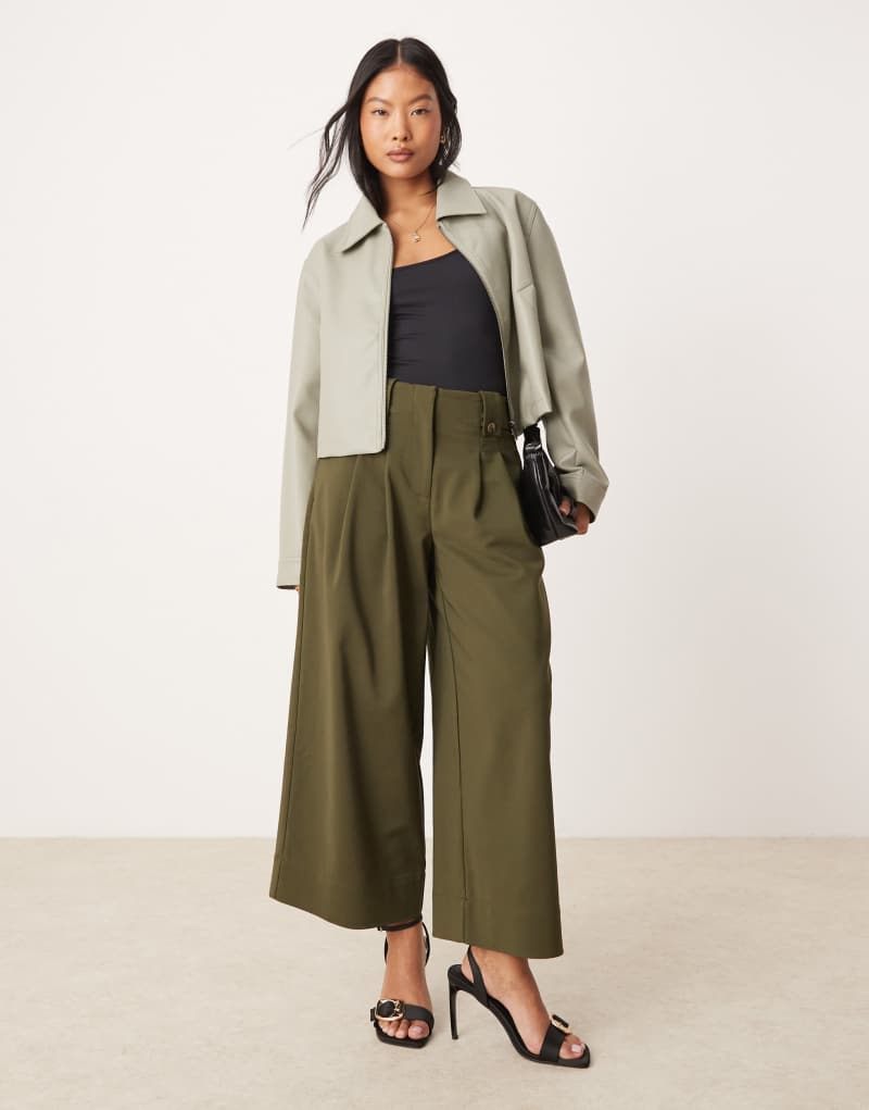 ASOS DESIGN Petite cropped adjustable tab waist pants in olive ASOS DESIGN