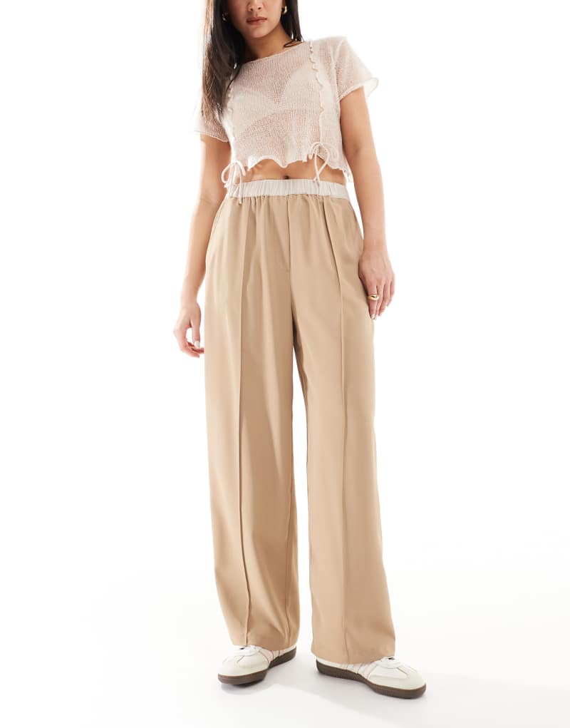 ASOS DESIGN cropped pull on pants with contrast waist in taupe ASOS DESIGN