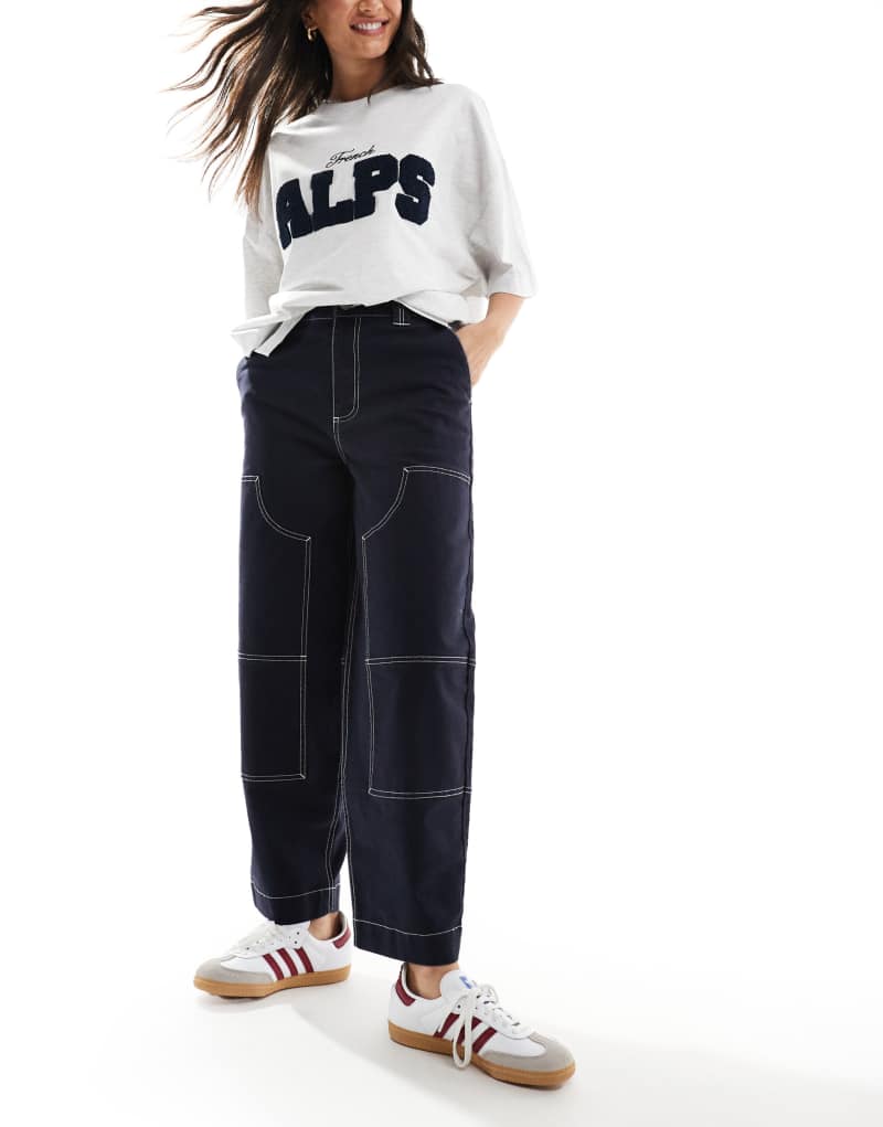 ASOS DESIGN barrel leg pants in navy with contrast stitch ASOS DESIGN