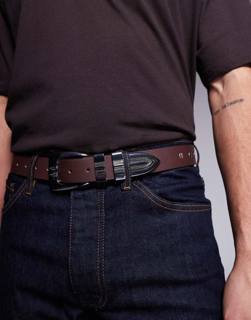 ASOS DESIGN faux leather belt with western buckle in burnished brown ASOS DESIGN