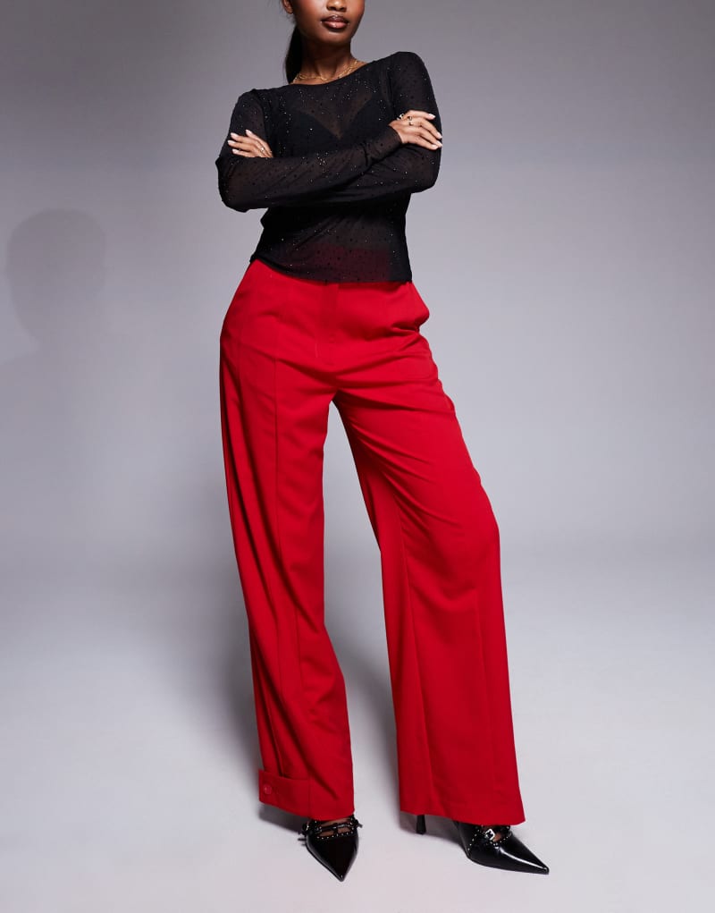 ASOS DESIGN tab detail straight leg tailored pants in red ASOS DESIGN