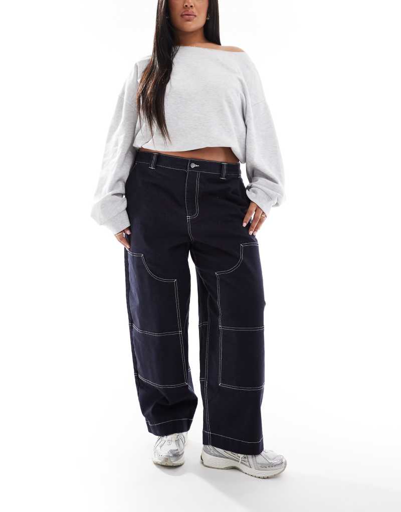 ASOS DESIGN Curve barrel leg pants in navy with contrast stitch ASOS DESIGN