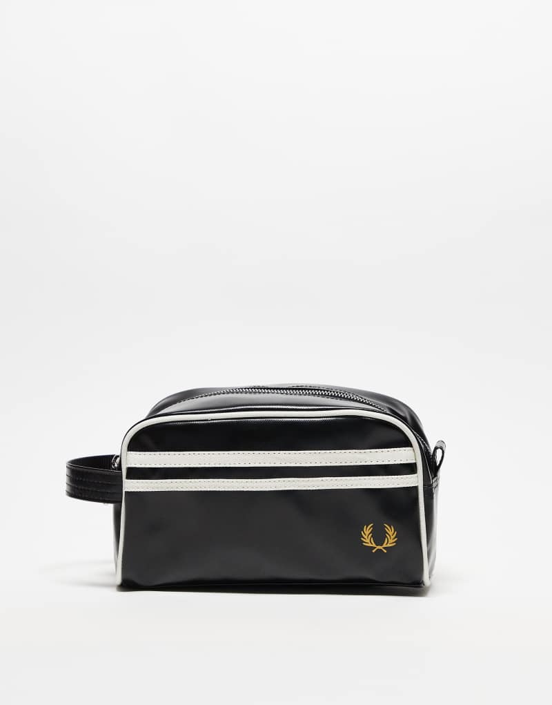 Fred Perry coated faux leather washbag in black and white Fred Perry