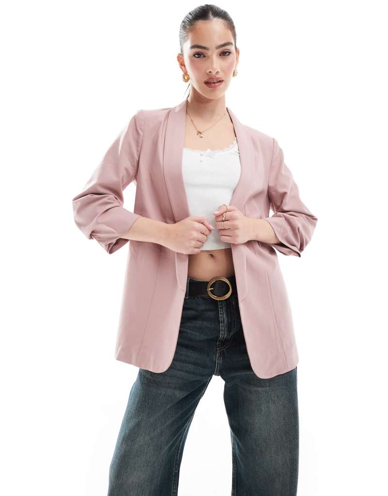 Pieces ruched sleeve blazer in woodrose pink Pieces