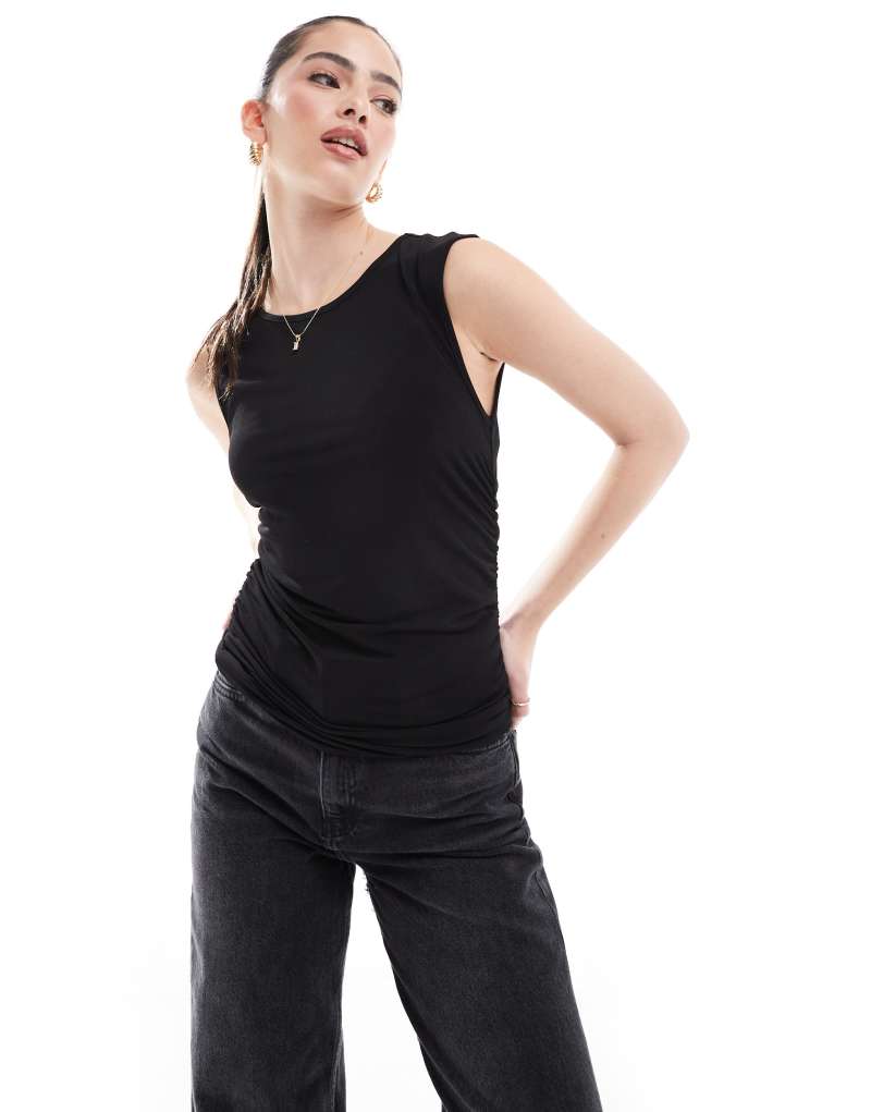 Pieces jersey ruched sleeveless top in black Pieces