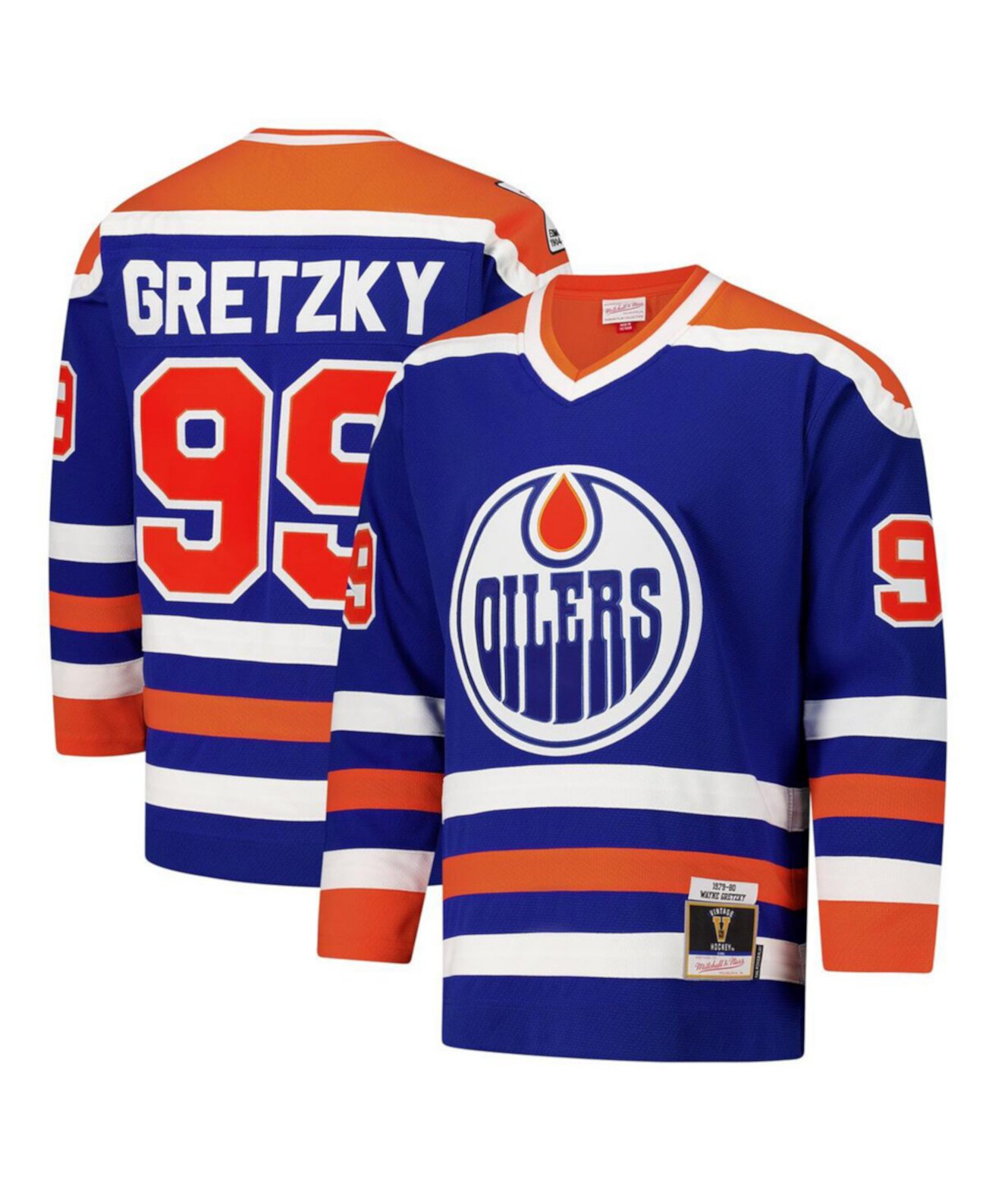 Мужская джерси Wayne Gretzky Royal Edmonton Oilers 1979-80 с длинными рукавами и V-образным вырезом Mitchell & Ness