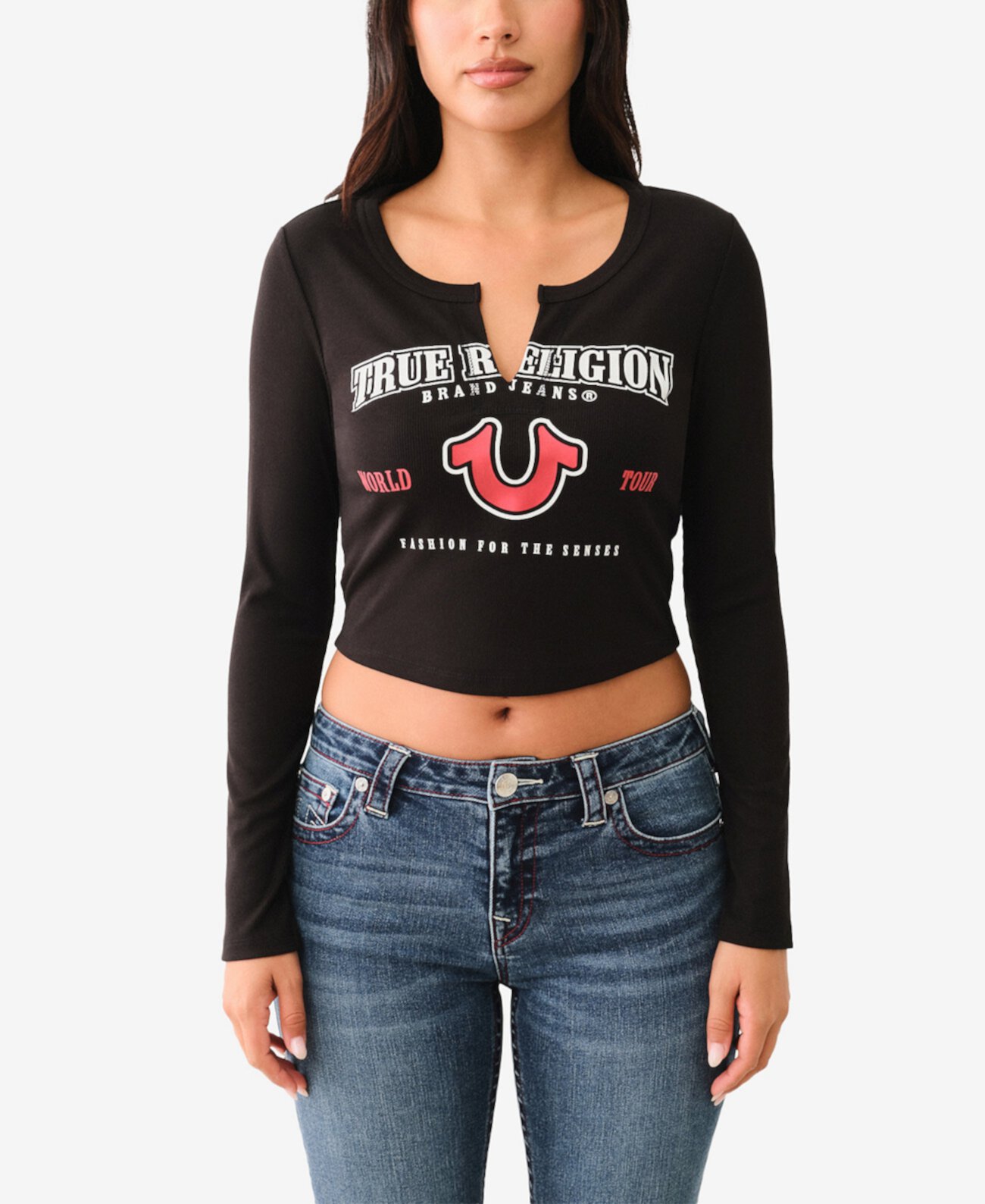 Женская футболка с длинным рукавом True Religion с V-образным вырезом и логотипом True Religion