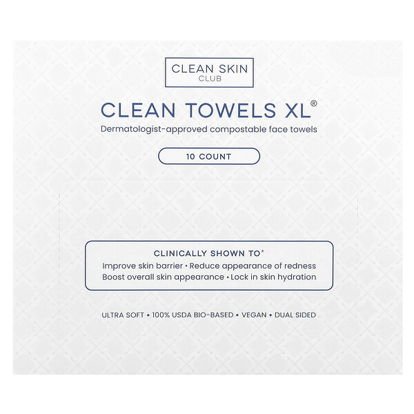 Компостируемые полотенца для лица Clean Towels XL®, 10 шт., одобрены дерматологами, 100% веган Clean Skin Club