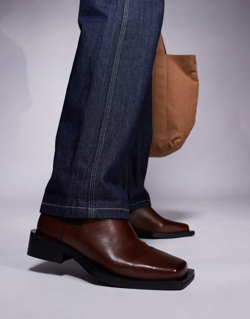 ASOS DESIGN heeled chelsea boots in brown leather with square toe Asos Design