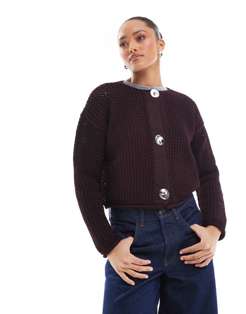 ASOS DESIGN chunky knit cardigan in burgundy ASOS DESIGN