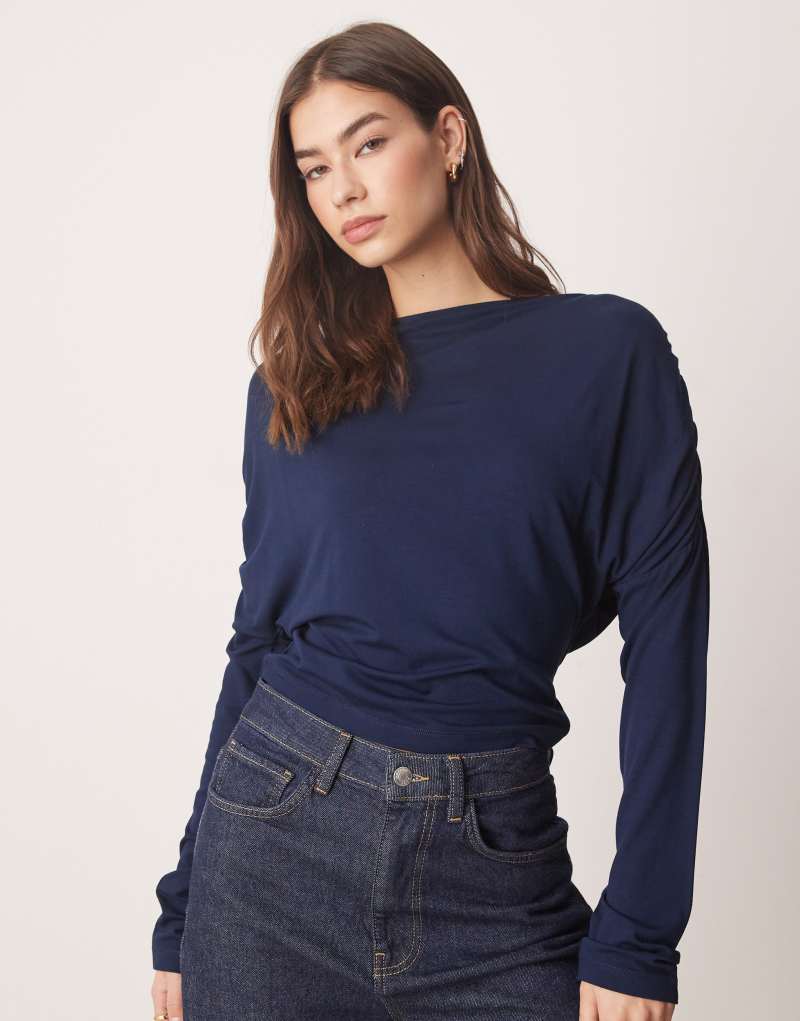 ASOS DESIGN slash neck slouchy long sleeve top in navy ASOS DESIGN