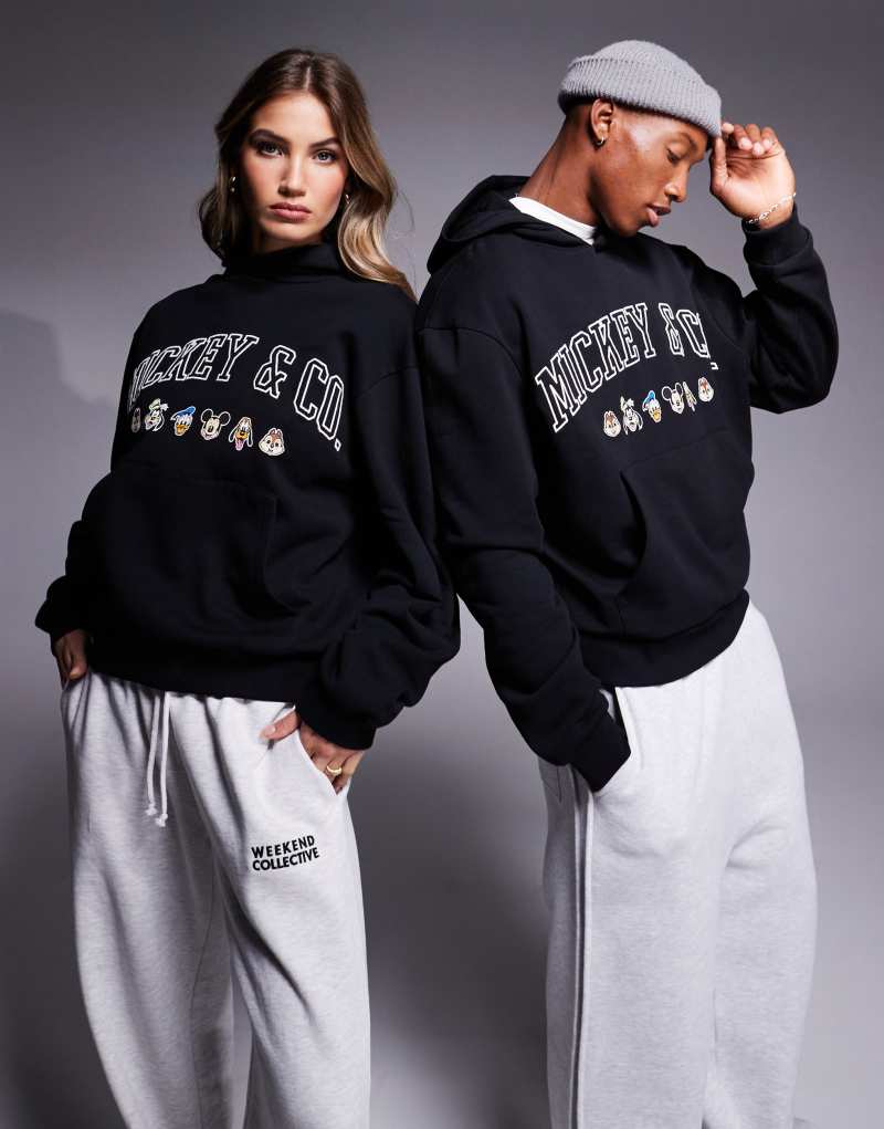 ASOS DESIGN Disney unisex boxy oversized heavyweight hoodie with Mickey Mouse & Friends embroidery in black ASOS DESIGN