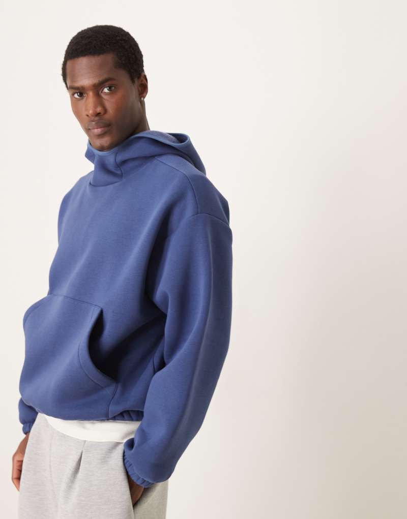 ASOS DESIGN super oversized boxy funnel neck hoodie in heavyweight brushed rib in blue ASOS DESIGN