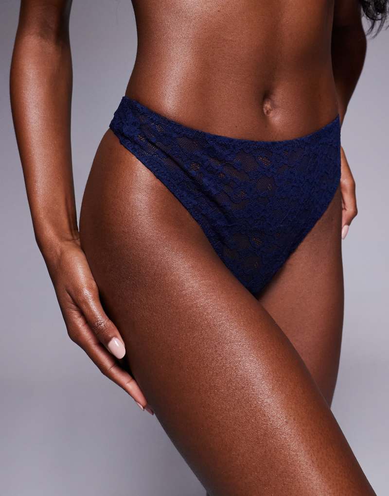 ASOS DESIGN Mila lace high waist thong in navy ASOS DESIGN