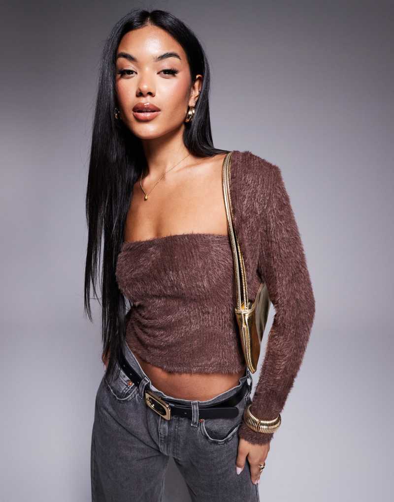 ASOS DESIGN fluffy bandeau top with long sleeve cardigan in chocolate ASOS DESIGN