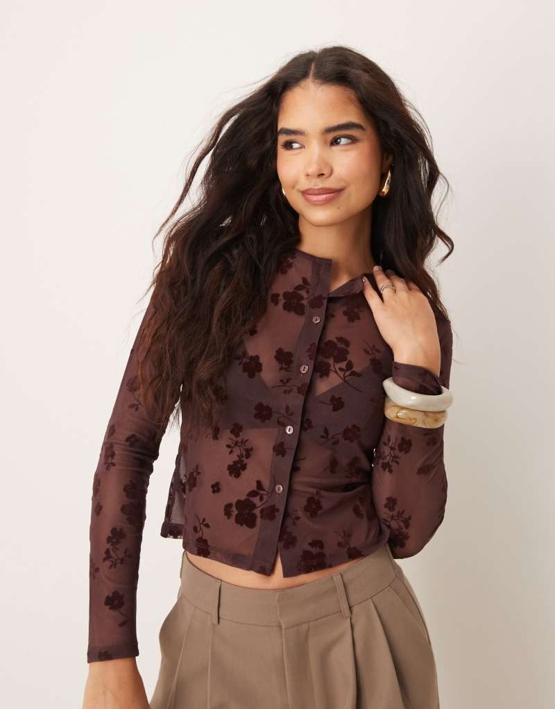 ASOS DESIGN flocked shrunken mesh cardigan in brown ASOS DESIGN