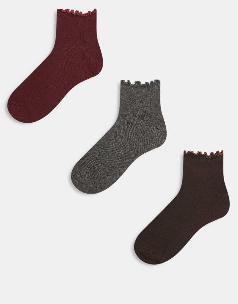 ASOS DESIGN 3 pack short ankle socks with frill trim in burgundy, gray and chocolate ASOS DESIGN