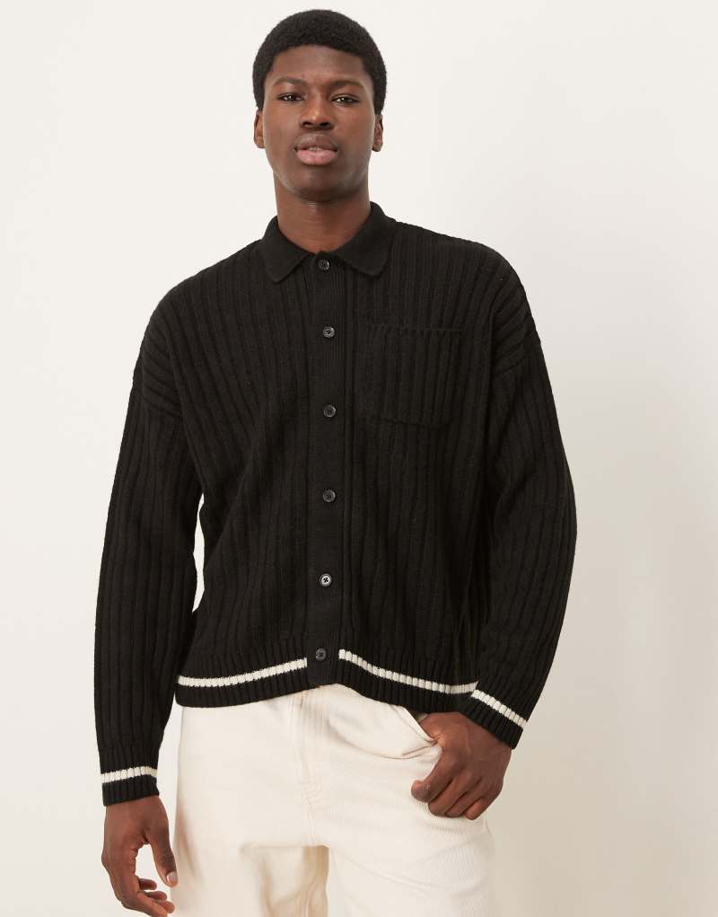 ASOS DESIGN oversized boxy fit knit collar cardigan in black with cream tipping ASOS DESIGN