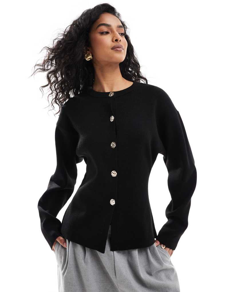 ASOS DESIGN knitted structured crew neck cardigan with gold buttons in black ASOS DESIGN