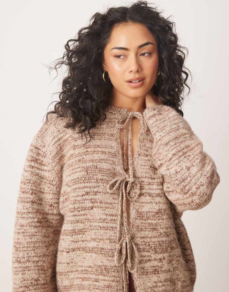 ASOS DESIGN knit tie front cardigan in brown fleck ASOS DESIGN