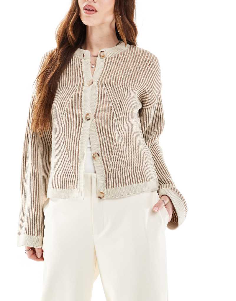 ASOS DESIGN crew neck cardigan with plated detail in neutral ASOS DESIGN