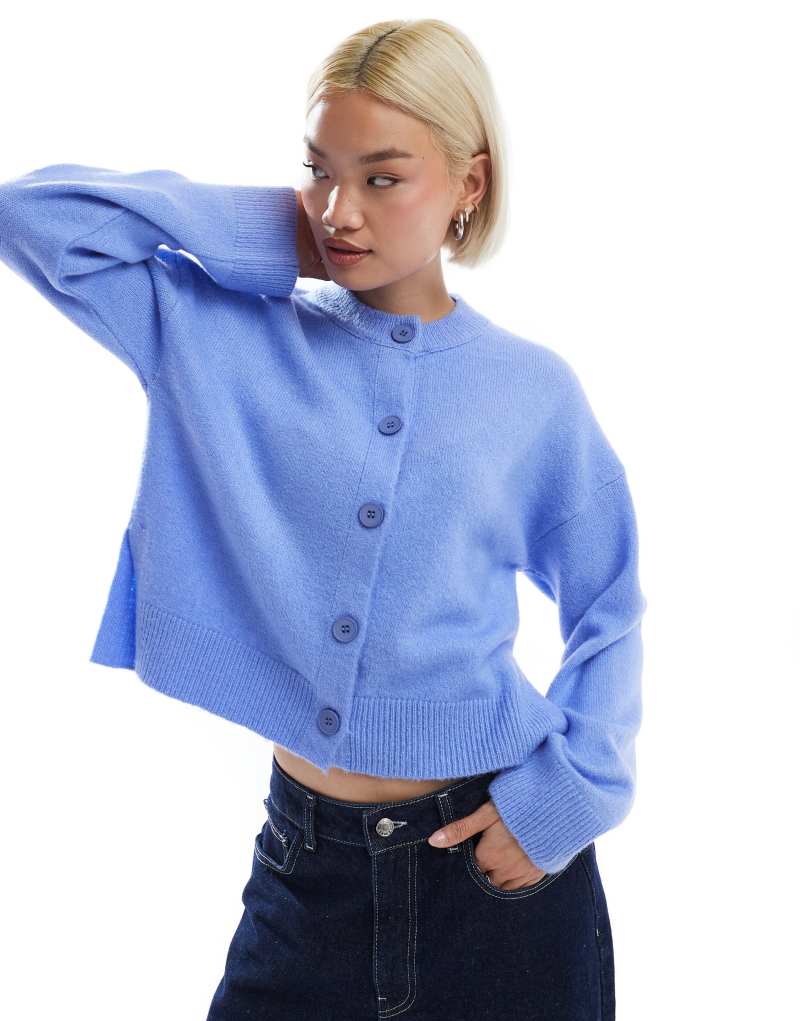 ASOS DESIGN boxy crew neck cardigan with side slit in baby blue ASOS DESIGN