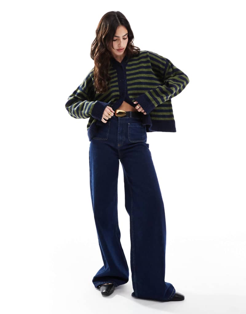 ASOS DESIGN knitted v neck cardigan in navy and green stripe ASOS DESIGN