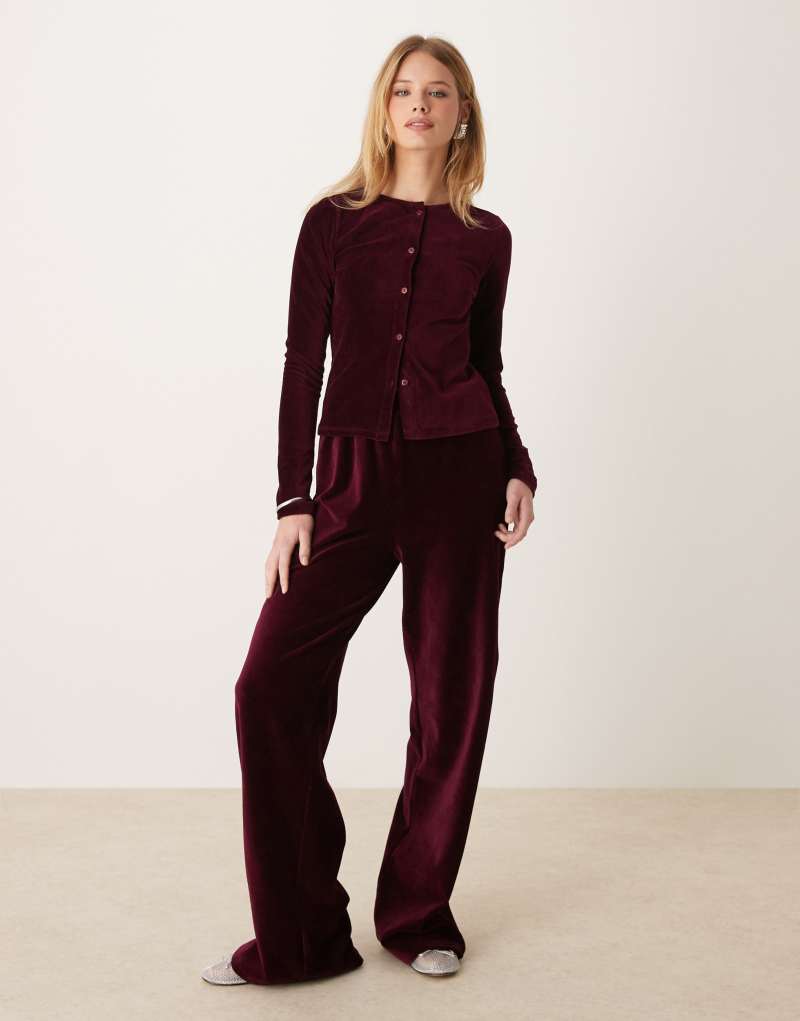 ASOS DESIGN wide leg velvet corduroy pants in burgundy ASOS DESIGN