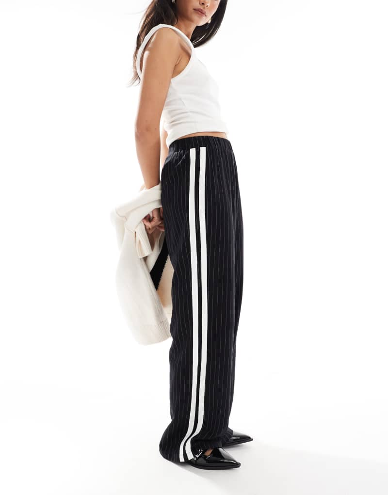 4th & Reckless side stripe wide leg pants in black pinstripe 4TH & RECKLESS