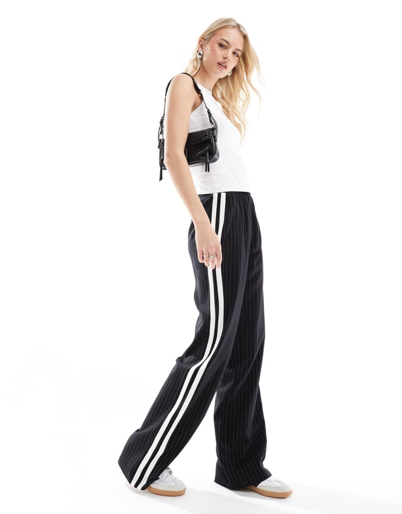 4th & Reckless Tall side stripe wide leg pants in black pinstripe 4TH & RECKLESS