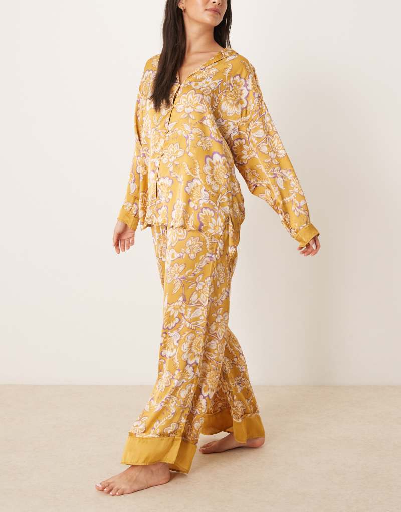 Free People Dreamy Days floral print satin pajama set in gold Free People