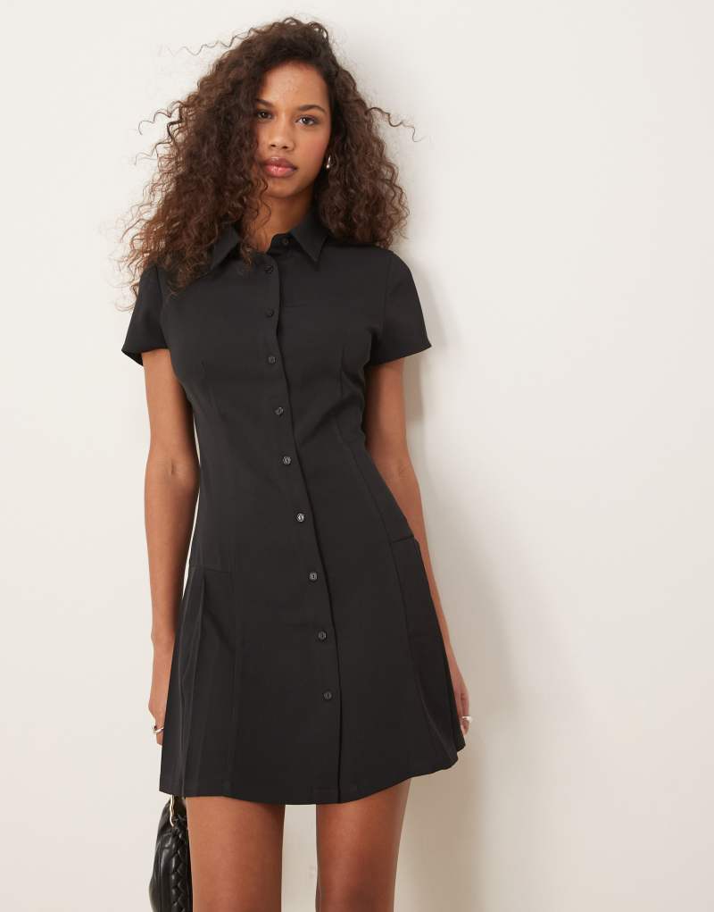 Glamorous collared button down mini dress in black Glamorous