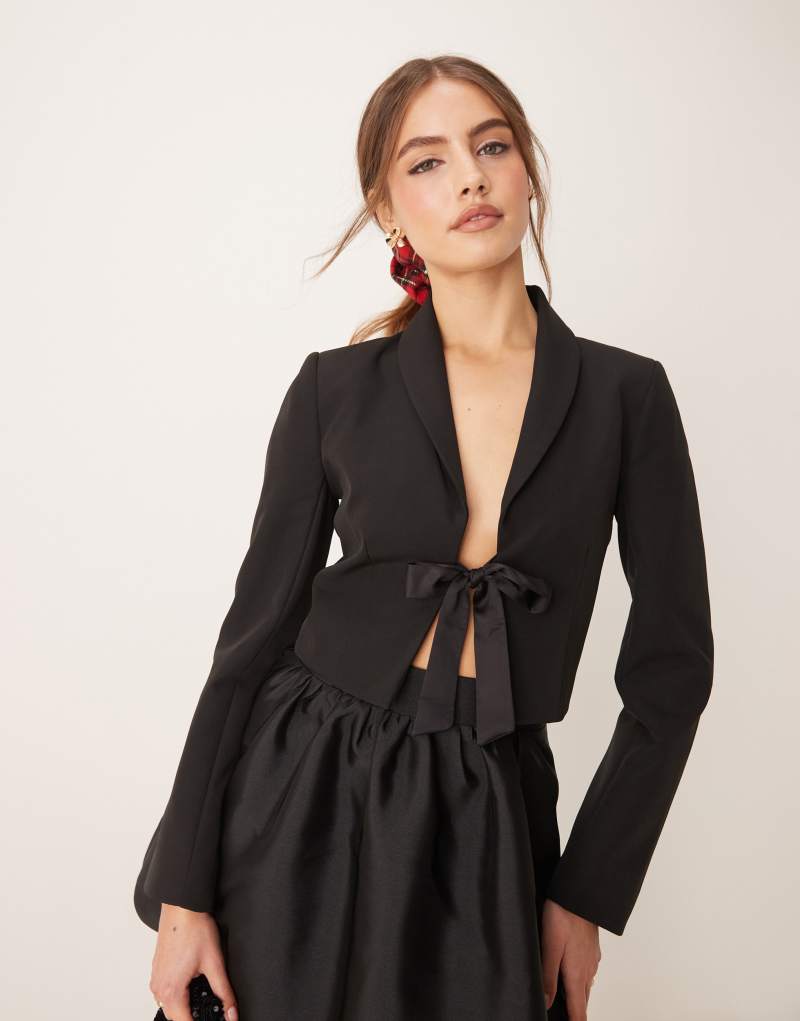 Miss Selfridge ribbon detail cropped blazer in black Miss Selfridge