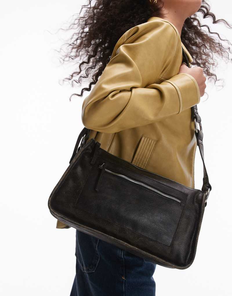 Mango square worn leather effect shoulder bag in black Mango