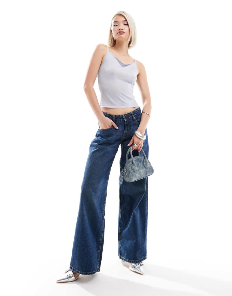 Motel roomy wide leg low rise jeans in mid indigo Motel