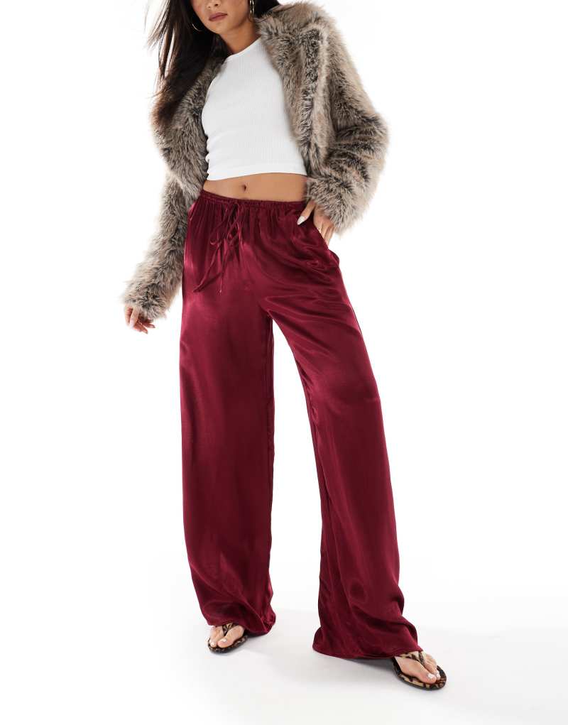 Miss Selfridge wide leg satin pants in burgundy Miss Selfridge